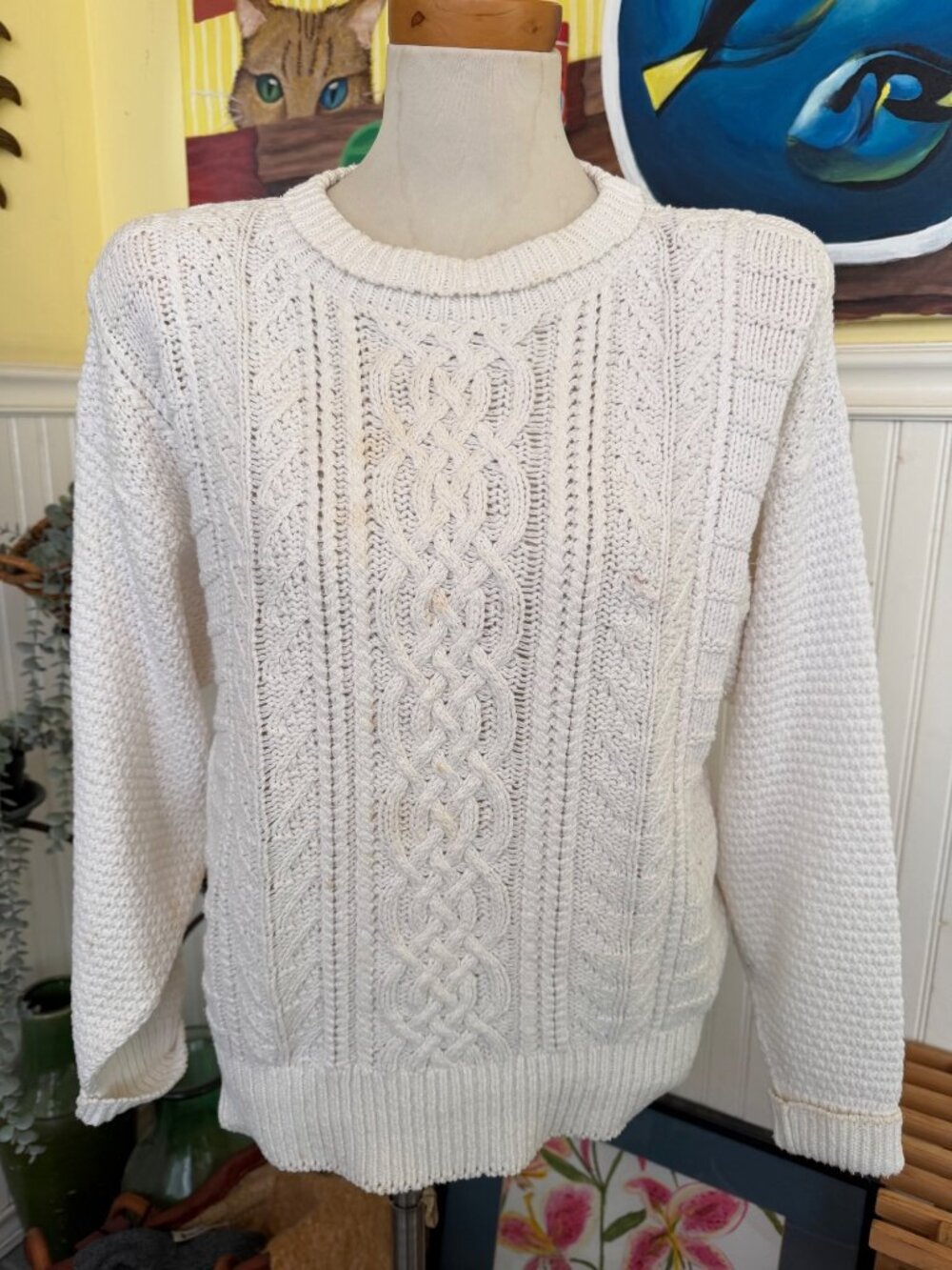 Diane Von Furstenberg White Knit Cable Sweater Medium Cotton Blend USA Made
